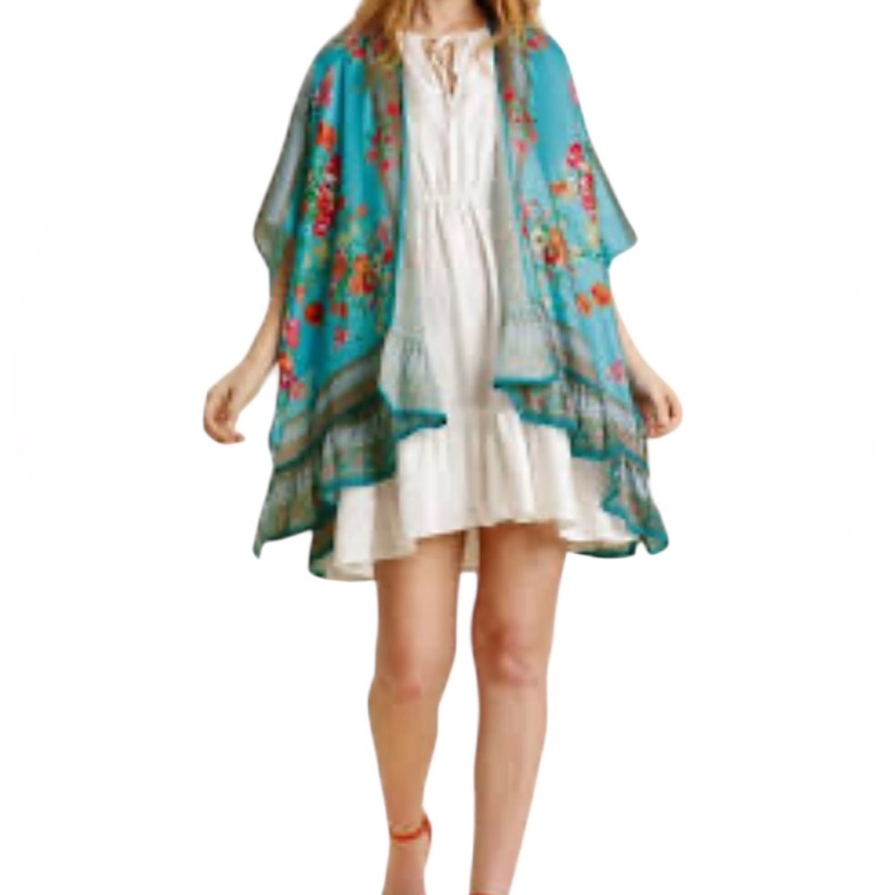 Umgee Floral Kimono Wrap Cardigan Cover Up Open Front Ruffle Hem Size M/L NWT